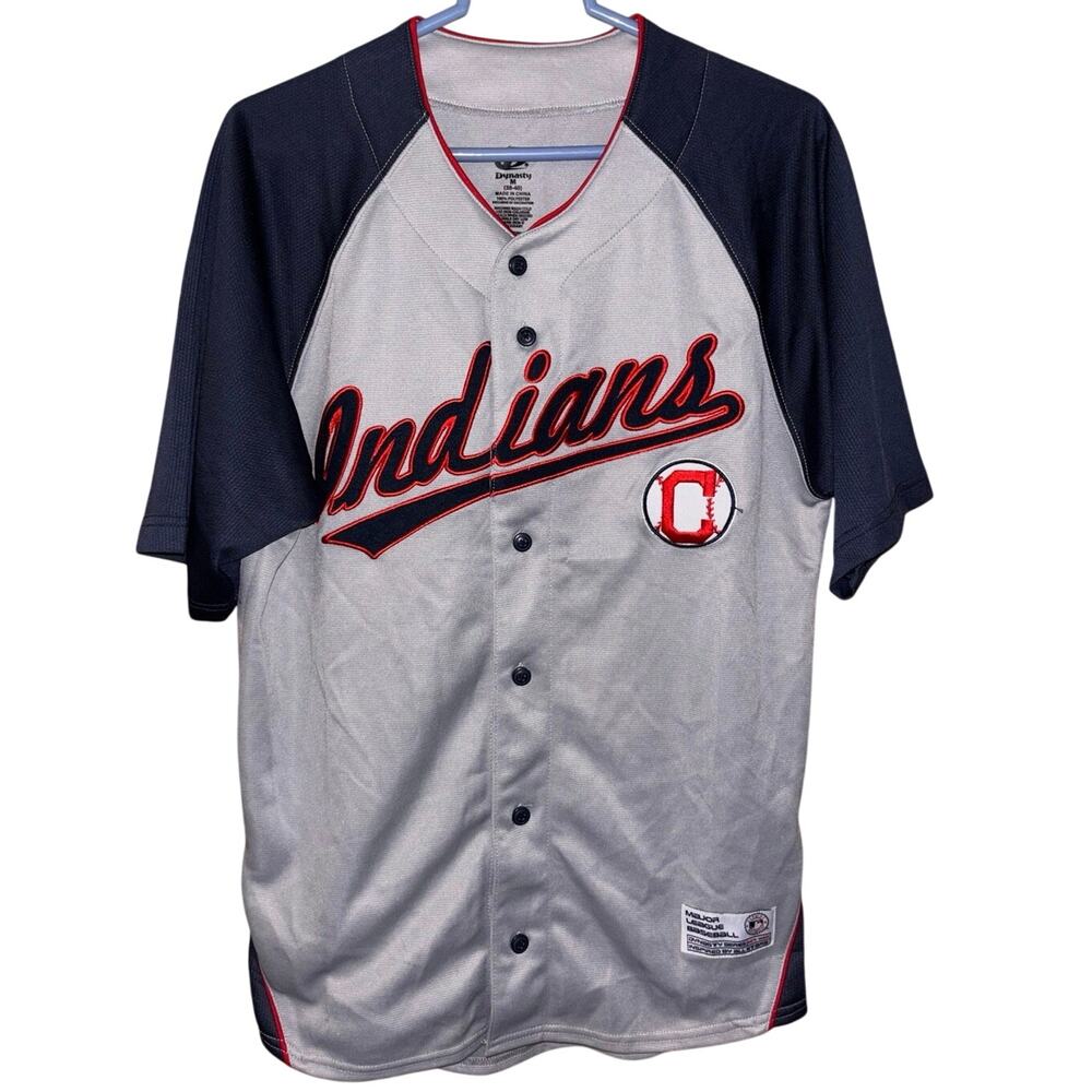 Dynasty Cleveland Indians MLB gray blue button front jersey style shirt (medium)
